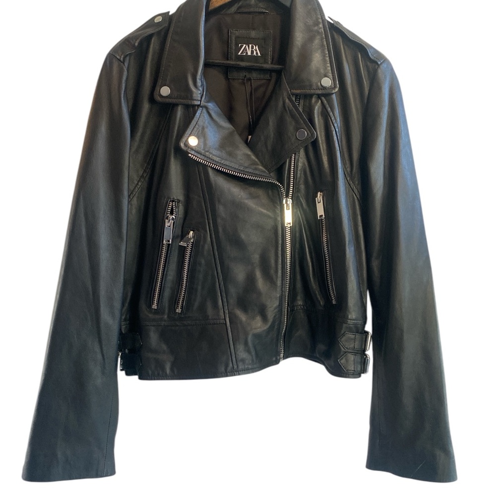 Zara Black Leather Jacket Asymmetrical Moto Style